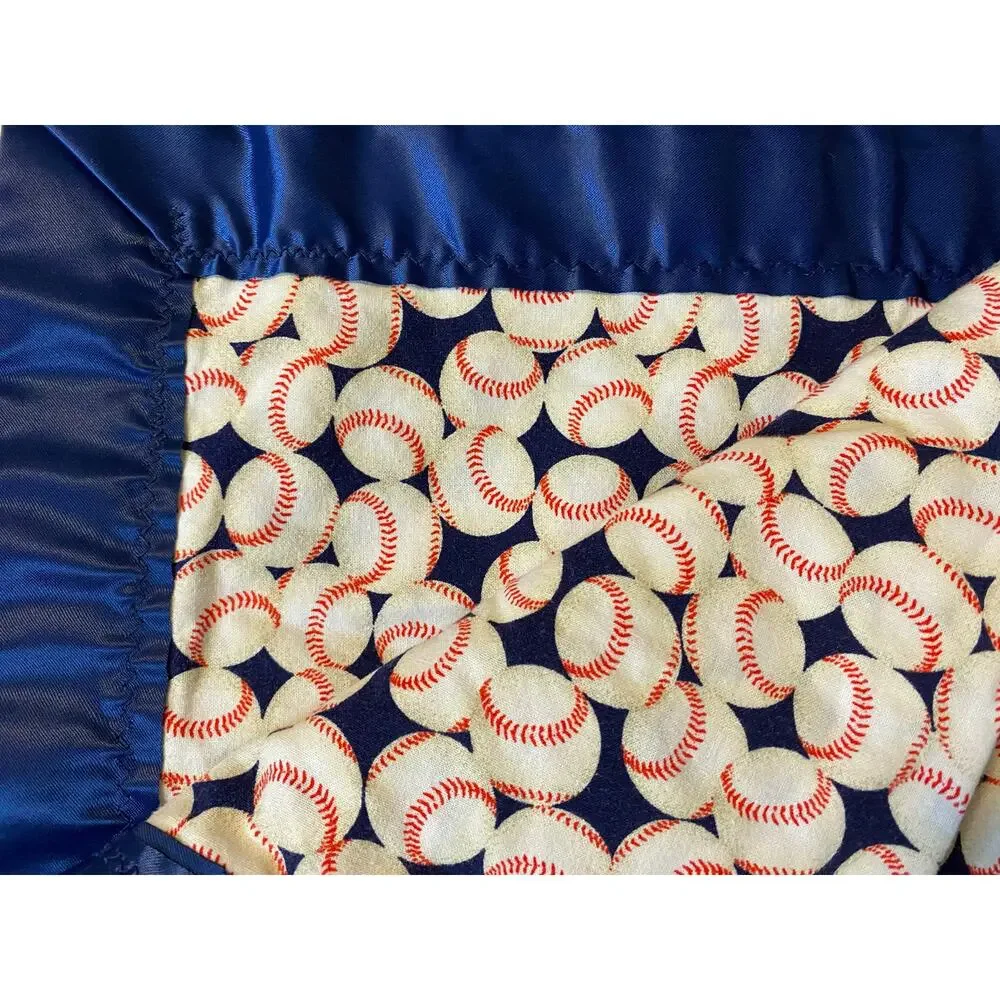 Handmade vintage Baseball baby blanket Blue‎ satin trim Baby boy 42x33